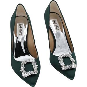 Badgley Mischka Cher Crystal Buckle Satin Pumps Green Elegant Heels US 8.5